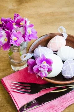 Easter Festive Table Setting With Fresh Flower. Stock Photos