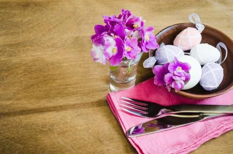 Easter Festive Table Setting With Fresh Flower. Stock Photos