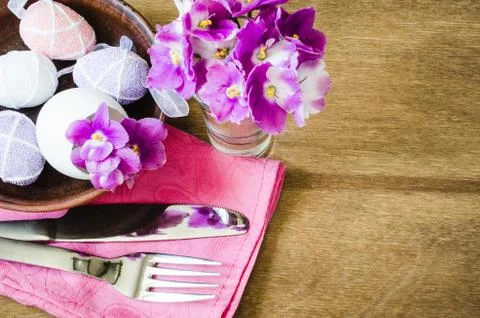 Easter Festive Table Setting With Fresh Flower. Stock Photos