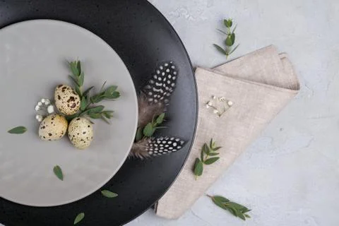 Easter  festive table setting with  gray plate, quail eggs leaf sprigs Stock Photos
