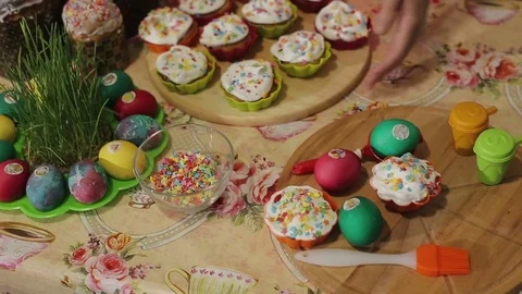 Easter, festive table.Gold result Stock Footage 76648398