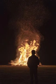 Easter fire on Easter Monday in the evening in the east of the Netherlands. Stock Photos