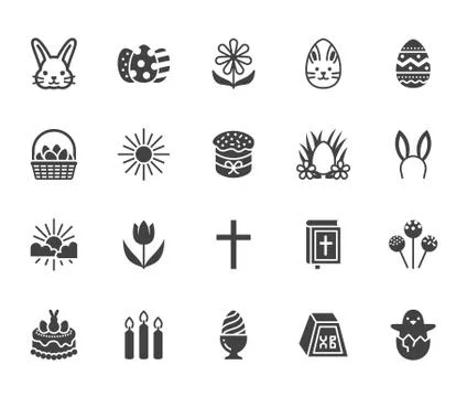 Easter flat glyph icons set. Colored eggs, basket, egg hunt, rabbit, spring Stock Illustration