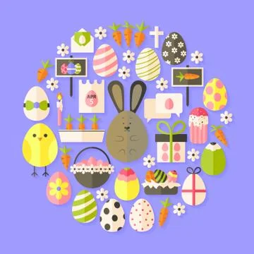 Easter Flat Icons Set circular shaped with shadow Stock Illustration
