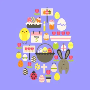Easter Flat Icons Set Egg shaped over purple Stock Illustration