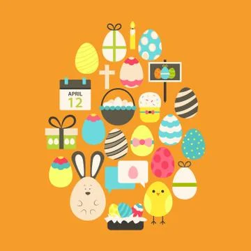 Easter Flat Icons Set Egg shaped over orange Ilustração Stock