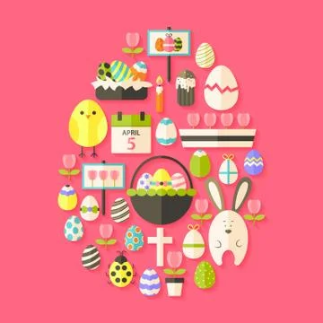 Easter Flat Icons Set Egg shaped with shadow over dark pink Stock Illustration