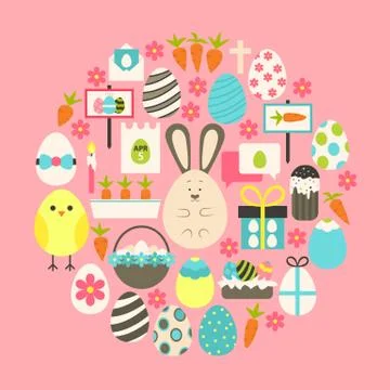 Easter Flat Icons Set over pink Ilustração Stock