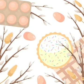 Easter flat illustration. Flat lay background with Easter eggs and willow bra Stock-Illustration