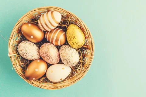Easter Flat Lay of Eggs in Nest Stock Photos