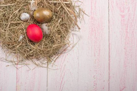 Easter flat -lay eggs, with space for design Stock Photos