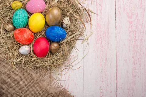 Easter flat -lay eggs, with space for design Stock Photos