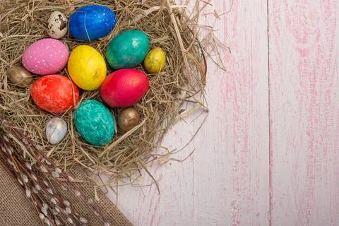 Easter flat -lay eggs, with space for design Stock Photos