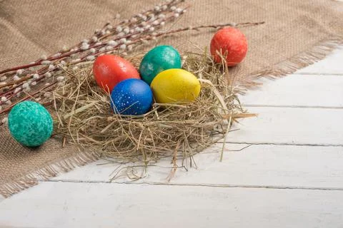 Easter flat -lay eggs, with space for design Stock Photos