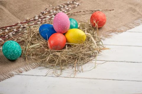Easter flat -lay eggs, with space for design Stock Photos