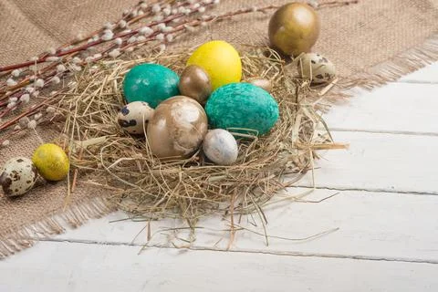 Easter flat -lay eggs, with space for design Stock Photos