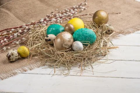 Easter flat -lay eggs, with space for design Stock Photos