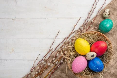 Easter flat -lay eggs, with space for design Stock Photos