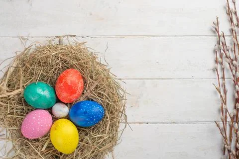 Easter flat -lay eggs, with space for design Stock Photos