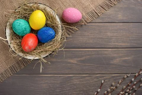 Easter flat -lay eggs, with space for design Stock Photos