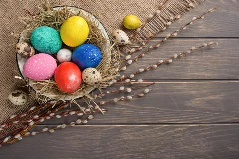 Easter flat -lay eggs, with space for design Stock Photos