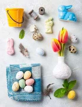 Easter flat lay with orange tulips Stock-Fotos