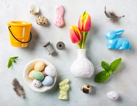 Easter flat lay with orange tulips Фото