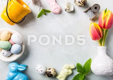 Easter flat lay with orange tulips Stock Photos