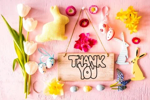 Easter Flat Lay, Sign, Calligraphy Thank You Stock Photos