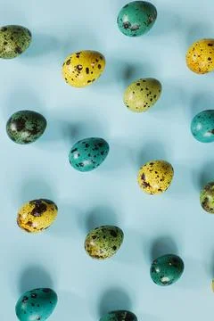 Easter flat lay. Stylish easter eggs on blue background. Happy Easter! Natu.. Stock Photos