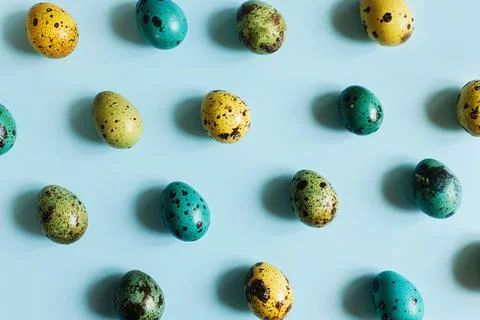 Easter flat lay. Stylish easter eggs on blue background. Happy Easter! Natu.. Stock Photos