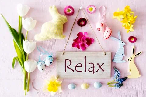 Easter Flat Lay, Text Relax Foto stock
