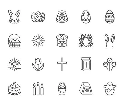Easter flat line icons set. Colored eggs, basket, egg hunt, rabbit, spring Stock Illustration