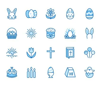 Easter flat line icons set. Colored eggs, basket, egg hunt, rabbit, spring Stock Illustration