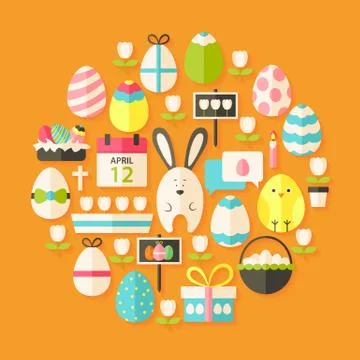 Easter Flat stylized Icons Set circular shaped with shadow Stock Illustration
