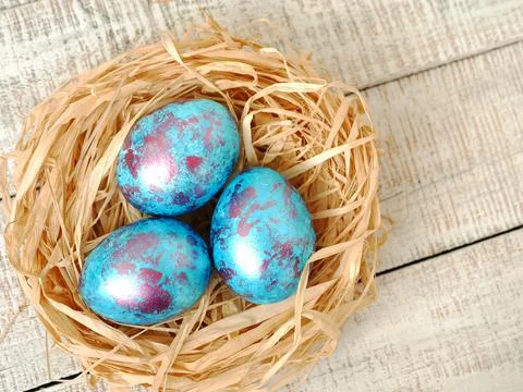 Easter flatlay with beautiful painted eggs in the nest. Concept of Easter egg Stock Photos