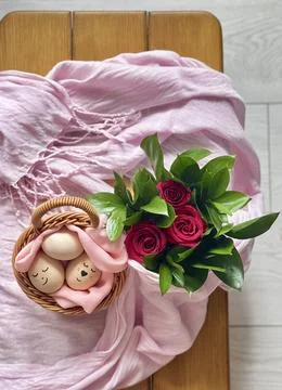 Easter Flatlay Featuring Roses And Eggs Stock Photos