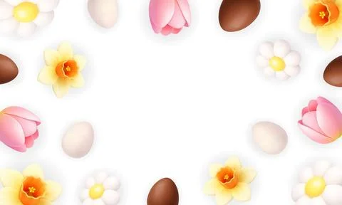 Easter floral background with tulips, daffodils and eggs. 3D realistic spring Illustrazione stock