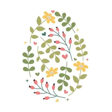 Easter Floral Egg Icon. Abstract spring Flowers and leaves in Egg Silhouette. Illustrazione stock