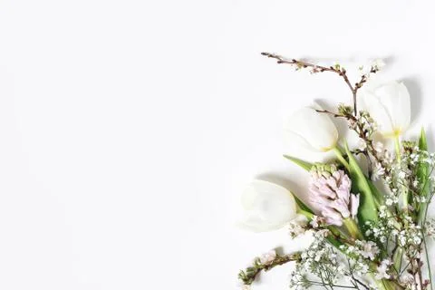 Easter floral frame, web banner. Spring wedding, birthday composition with pink Fotos Stock