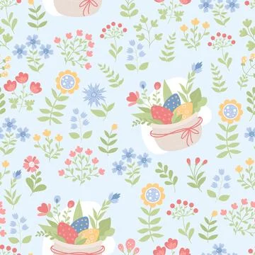 Easter floral seamless pattern. Decorative flowers and basket of Easter egg.. Stock Illustration