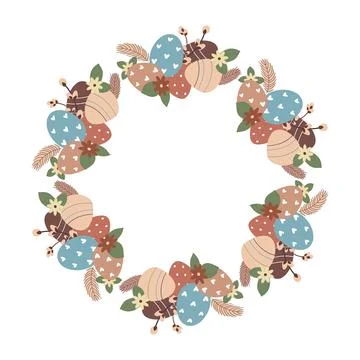 Easter flower wreath . Easter frame with decorated eggs and flowers and symbols Stock Illustration