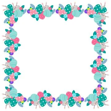 Easter flower wreath . Easter frame with decorated eggs and flowers and symbols Stock Illustration