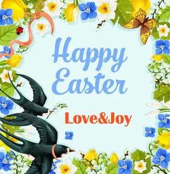 Easter flower wreath vector poster with swallows Stock Illustration