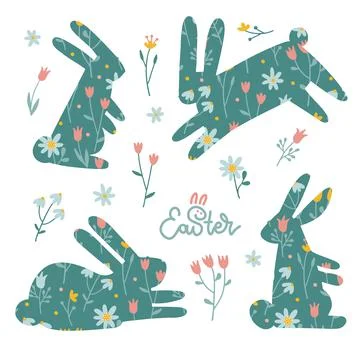 Easter folk patterned rabbits set. Organic hand drawn field flowers and leaves Stock Illustration