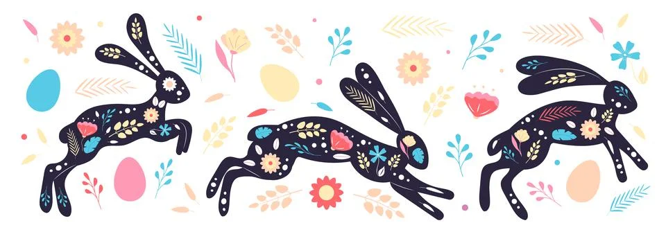 Easter folk rabbits vector set. Organic hand drawn flowers, leaves. Painted E Illustrazione stock