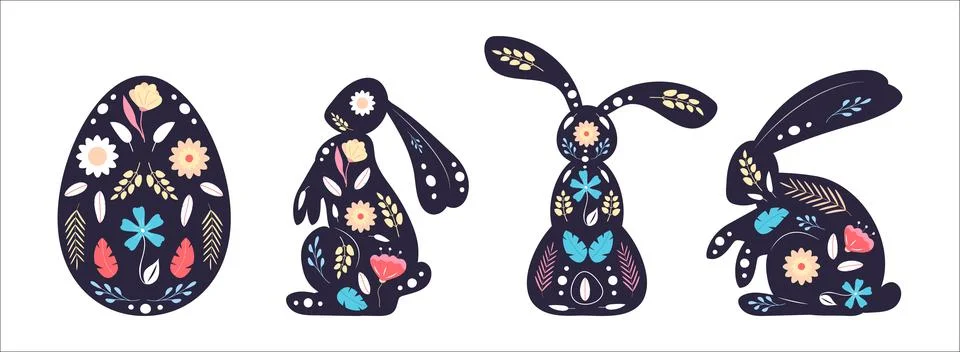 Easter folk rabbits vector set. Organic hand drawn flowers, leaves. Painted E Illustrazione stock