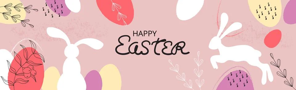 Easter folk rabbits vector set. Organic hand drawn flowers, leaves. Painted E Stock-Illustration