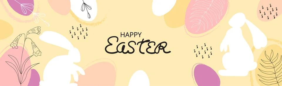 Easter folk rabbits vector set. Organic hand drawn flowers, leaves. Painted E Stock Illustration