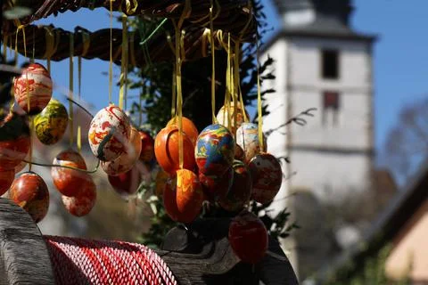 Easter - Fountain decorated Easter eggs. Well decorated Easter eggs. Stock Photos